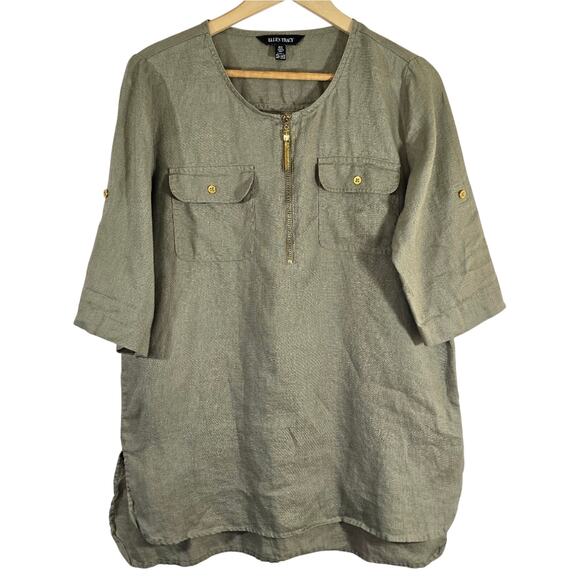 M Ellen Tracy Green Linen Tunic Top Shirt Women's Size M Gold Hardware Roll Tab - Picture 1 of 10